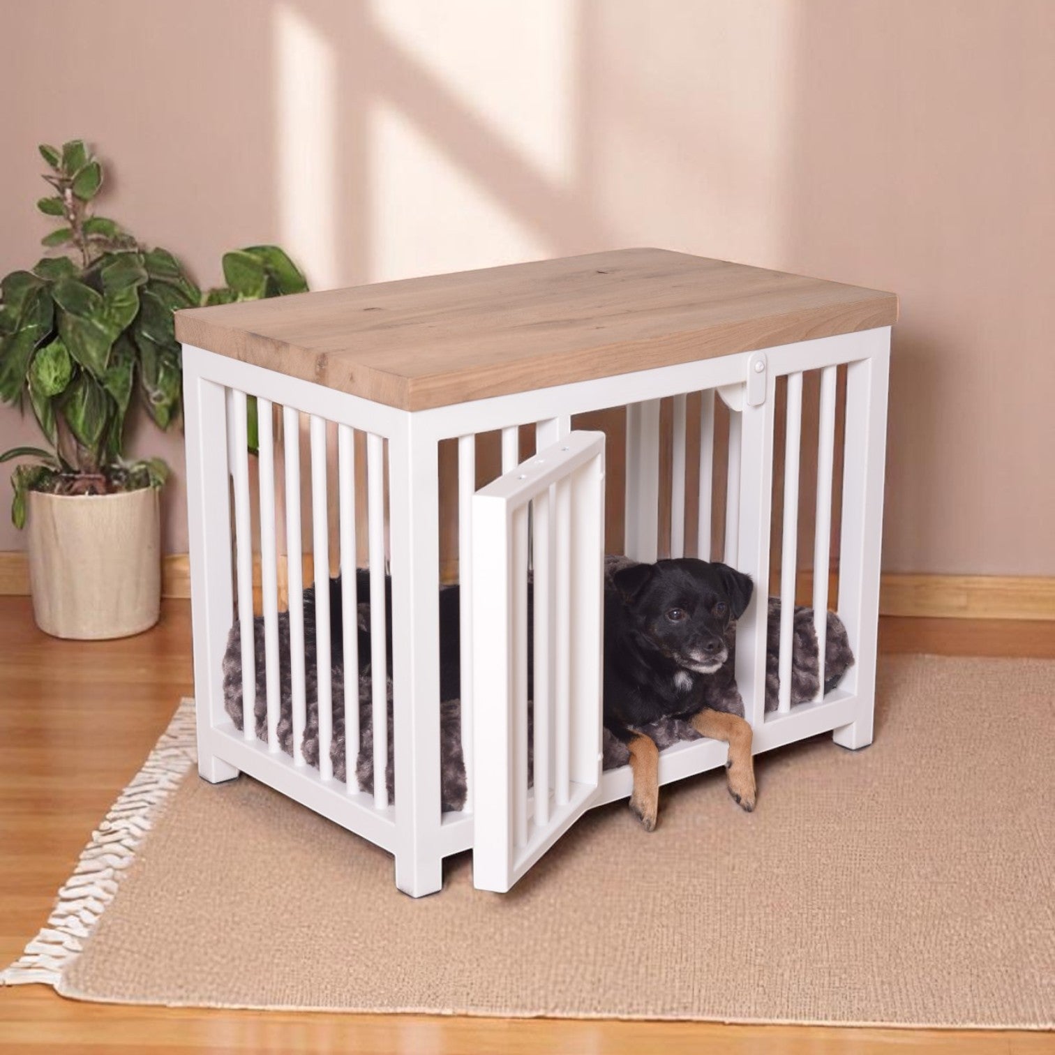 Stijlvolle Hondenbench met Eiken Top en Stalen Basis